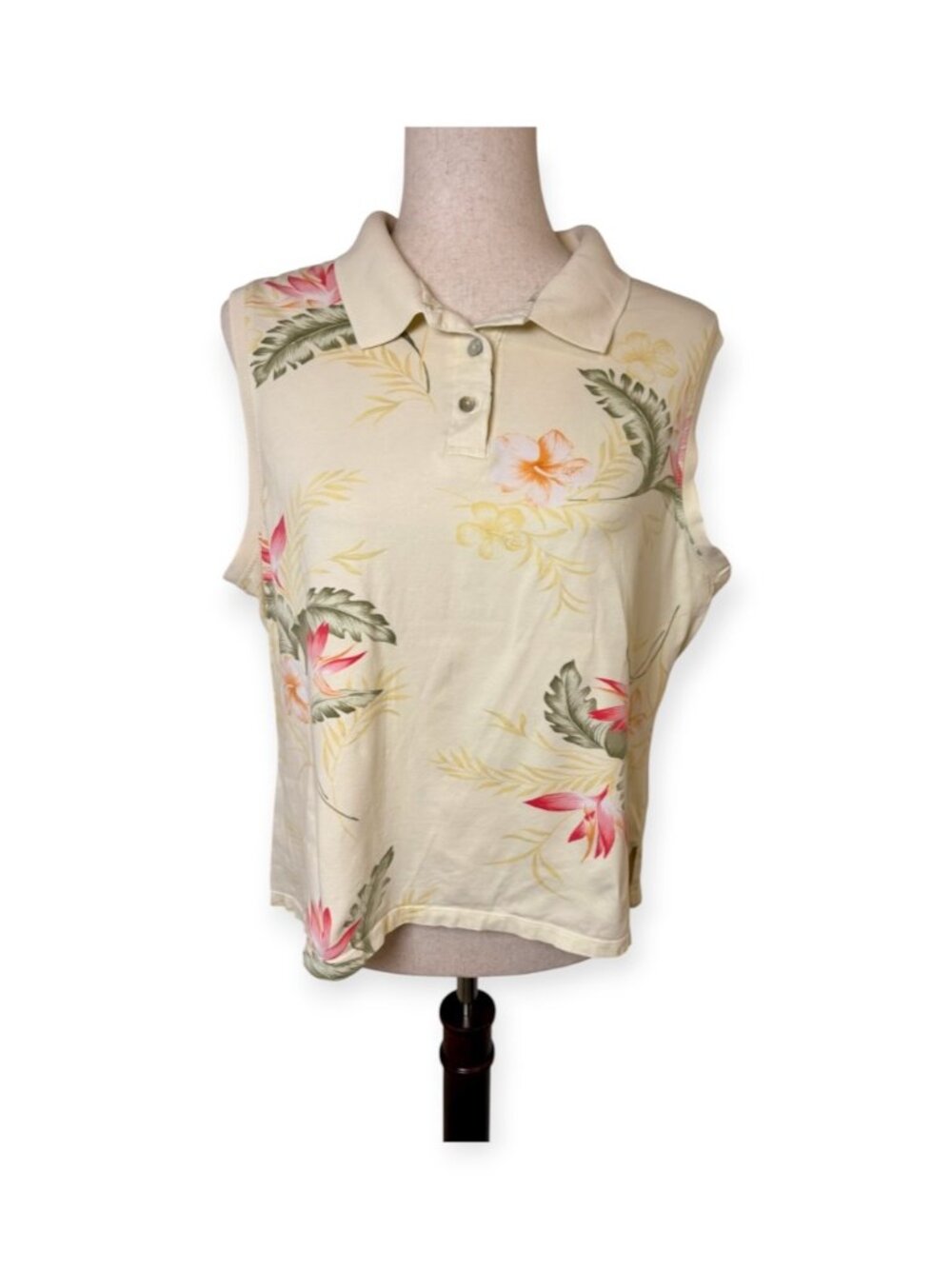 Vintage Island Traders Cream Tropical Floral Sleeveless Polo Shirt Size XL